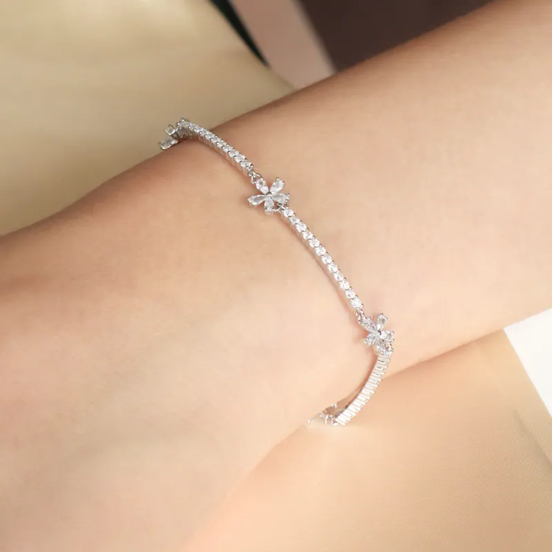 Silver Plated/小花排鑽莫桑鑽手鍊 5